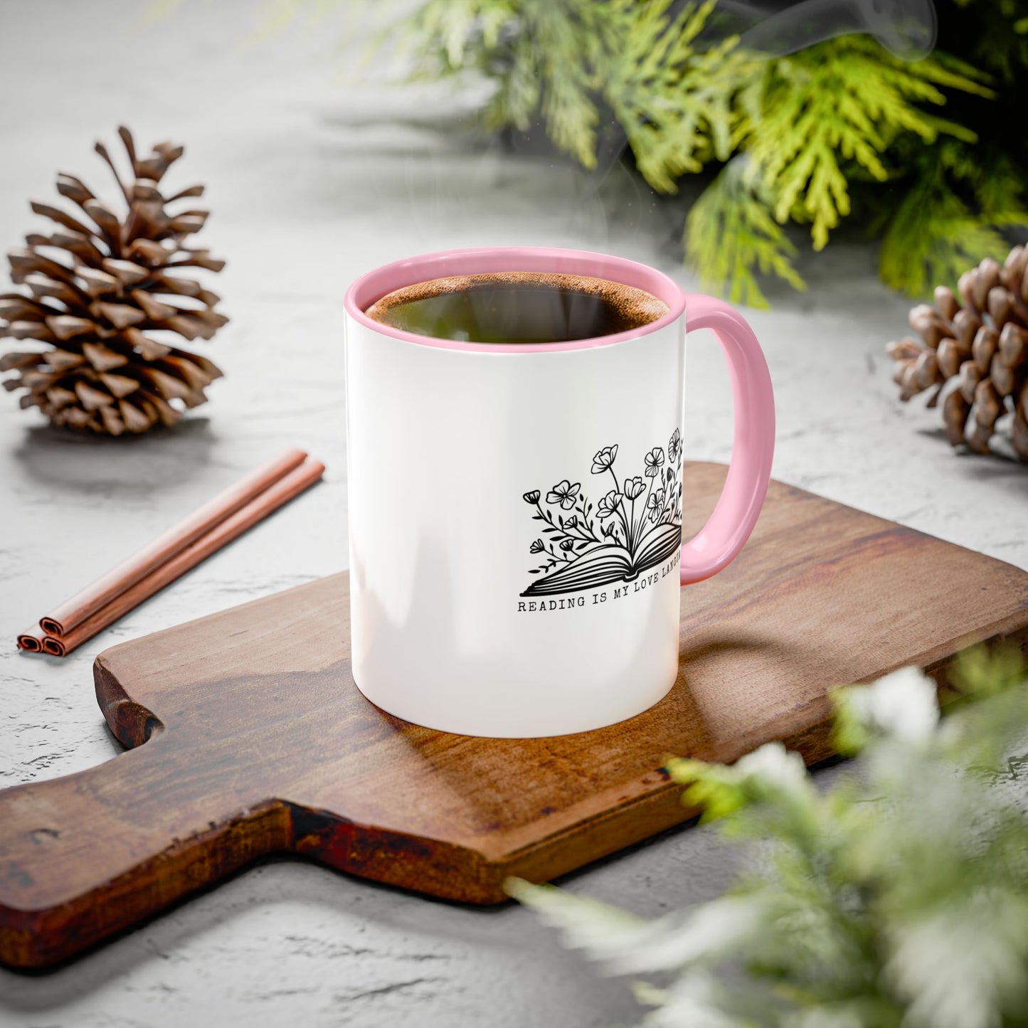 Reading is my love language — pink mug